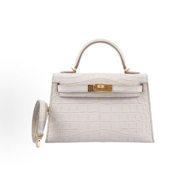 HERMES Mini Kelly II 19 Gold Buckle Kelly Bag single-shoulder crossbody handbag 19 Women\'s 8L Beton Glacier White